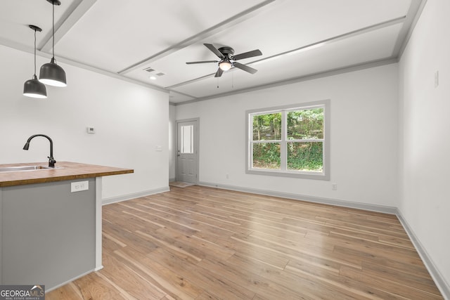 unfurnished living room featuring sink, ceiling fan, and light hardwood / wood-style floors