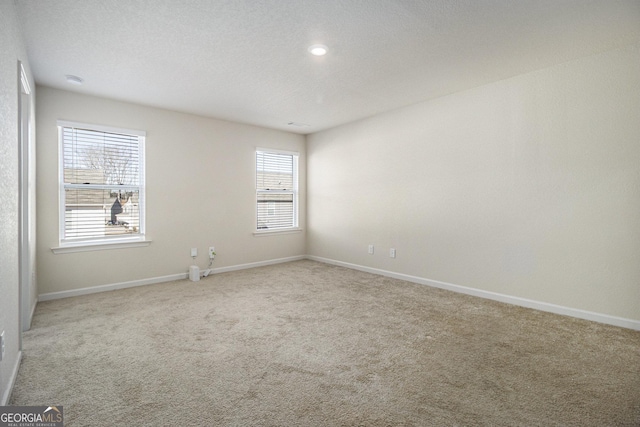 spare room featuring light colored carpet and a textured ceiling