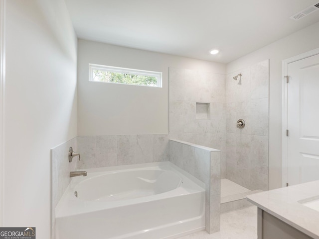 full bathroom with a garden tub, recessed lighting, visible vents, vanity, and walk in shower