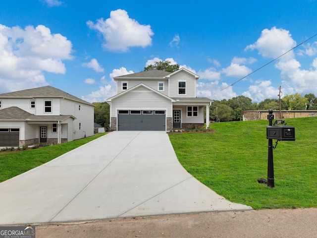 view of front facade with a garage, stone siding, driveway, and a front lawn