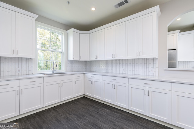 kitchen with white cabinets, dark wood-type flooring, backsplash, and sink