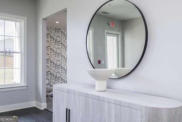 bathroom with hardwood / wood-style floors