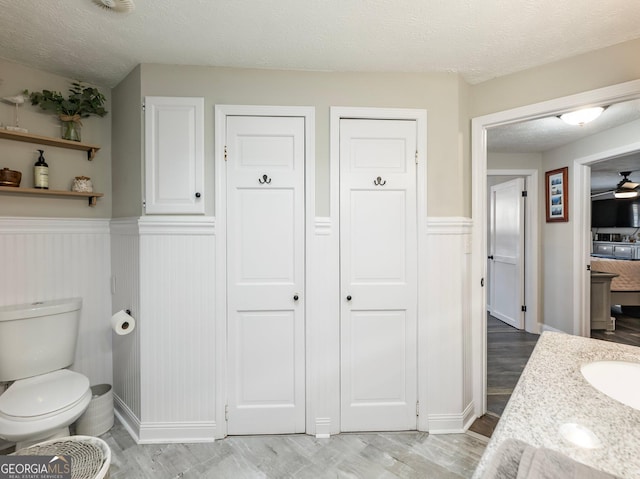 bathroom featuring vanity, hardwood / wood-style floors, toilet, and a textured ceiling