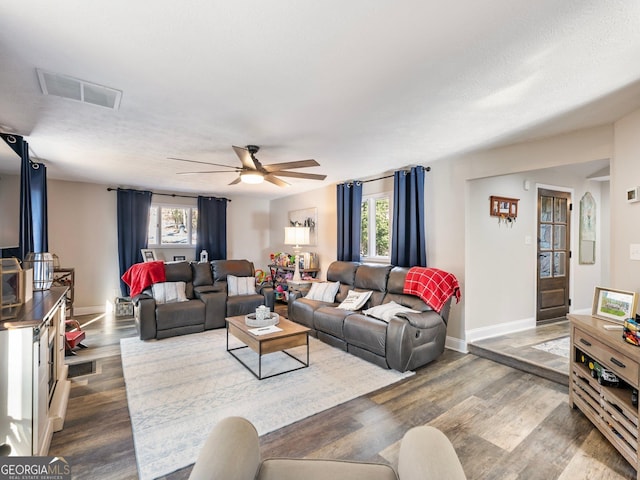 living room featuring ceiling fan and wood-type flooring