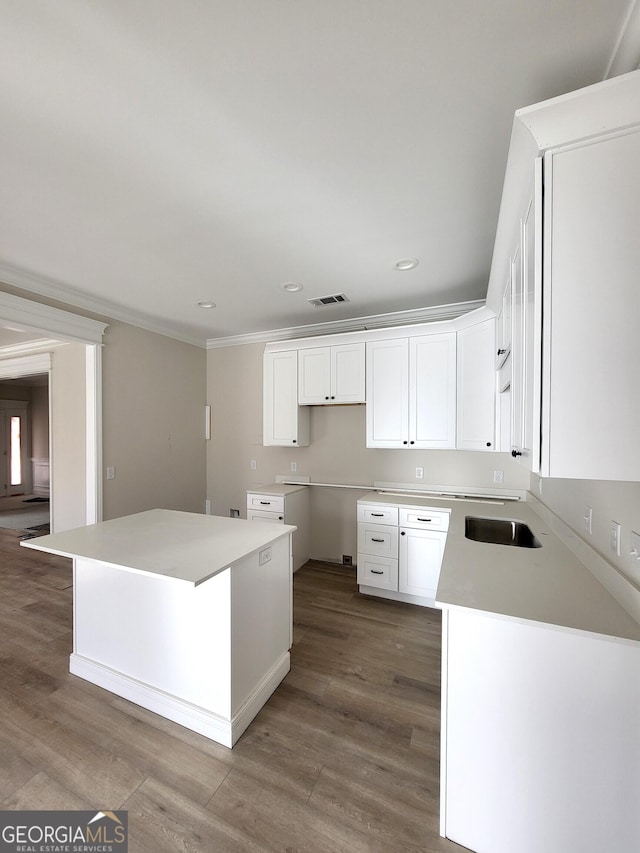 kitchen with dark wood finished floors, visible vents, ornamental molding, white cabinets, and a sink