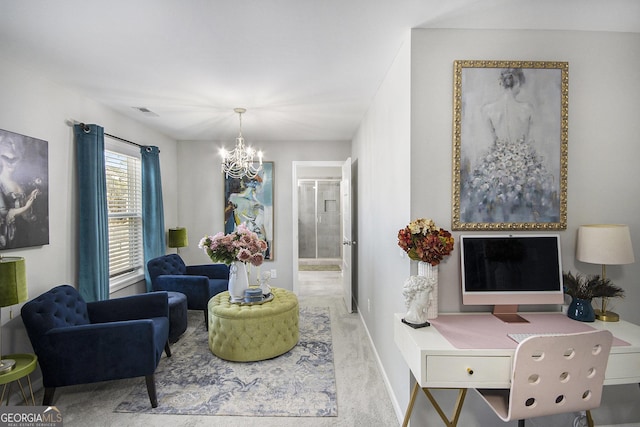 living area with a notable chandelier and light colored carpet