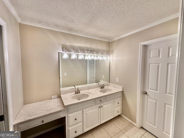 bathroom with vanity, tile patterned flooring, a textured ceiling, and ornamental molding