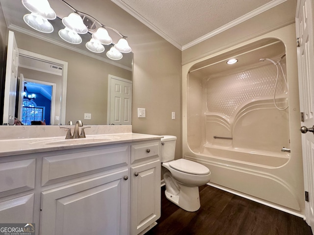 full bathroom with toilet, a textured ceiling, hardwood / wood-style floors,  shower combination, and vanity