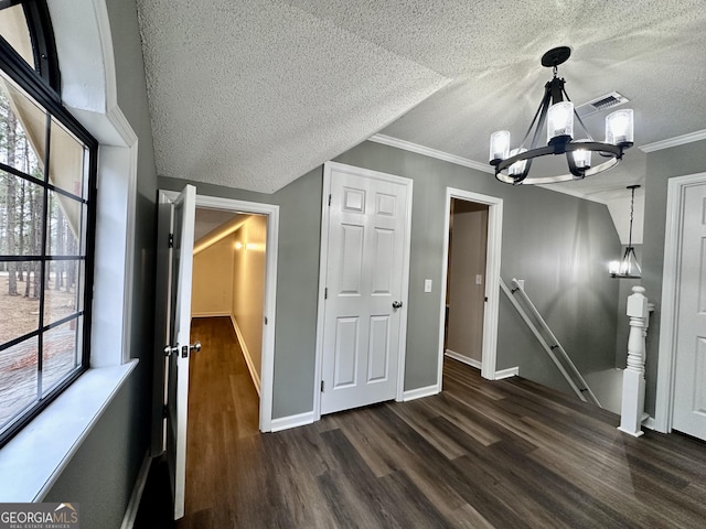 interior space with a textured ceiling, an inviting chandelier, lofted ceiling, and dark hardwood / wood-style floors