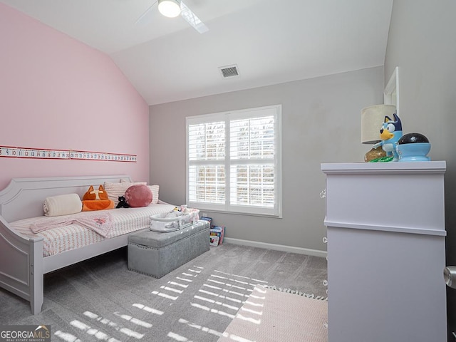 bedroom featuring lofted ceiling, carpet flooring, and ceiling fan