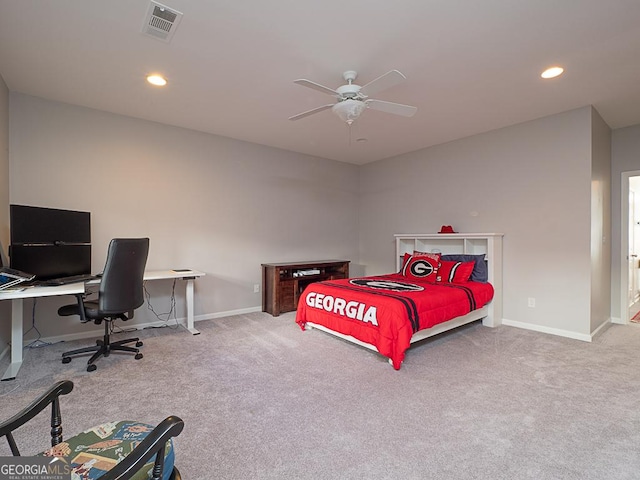 carpeted bedroom with ceiling fan