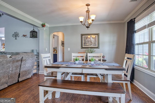 dining room featuring a healthy amount of sunlight, dark wood-type flooring, and crown molding