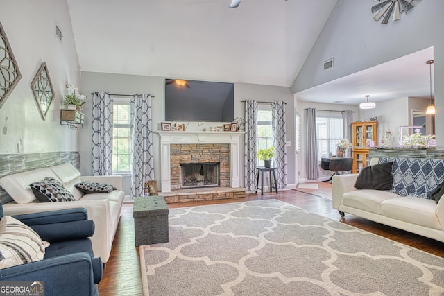 living room with wood-type flooring, a fireplace, and plenty of natural light