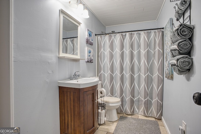 bathroom with walk in shower, tile patterned flooring, vanity, and toilet