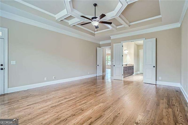 unfurnished room with coffered ceiling, light wood-type flooring, ornamental molding, ceiling fan, and beamed ceiling