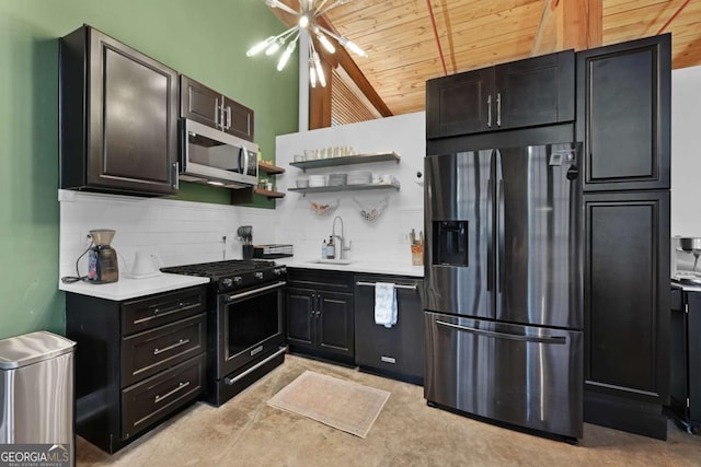 kitchen featuring appliances with stainless steel finishes, wooden ceiling, decorative backsplash, and sink