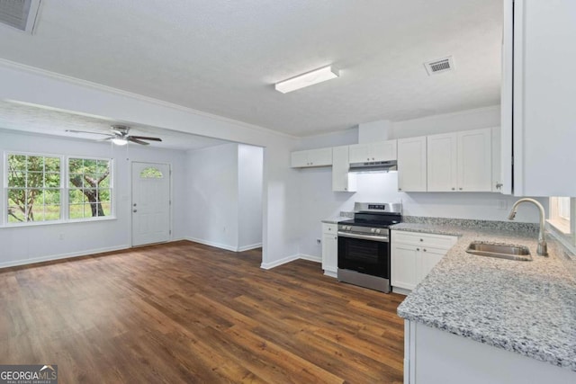 kitchen with electric range, light stone countertops, dark hardwood / wood-style floors, sink, and white cabinetry