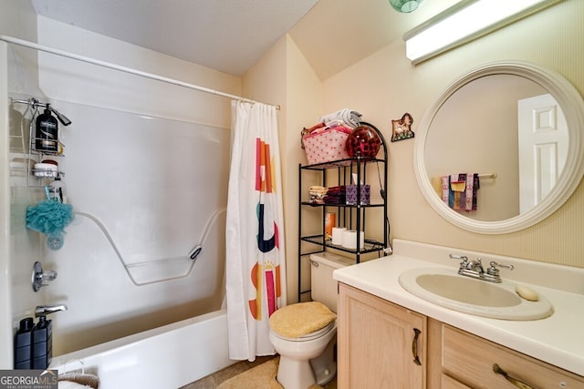 full bathroom with toilet, shower / tub combo, and vanity