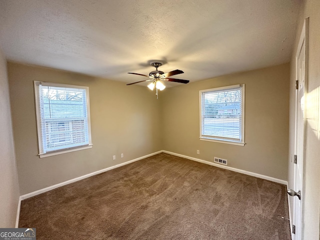 carpeted empty room featuring a textured ceiling, ceiling fan, and a healthy amount of sunlight