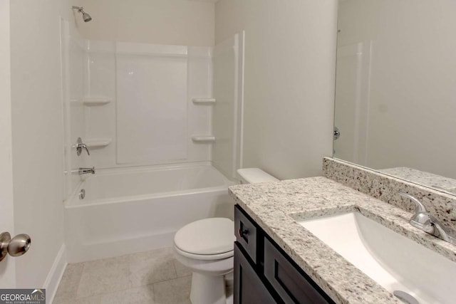 full bathroom with tile patterned flooring, shower / bathing tub combination, vanity, and toilet