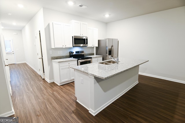 kitchen featuring a kitchen island with sink, dark hardwood / wood-style flooring, white cabinets, appliances with stainless steel finishes, and sink