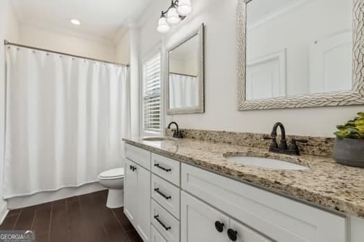 bathroom with toilet, ornamental molding, and vanity