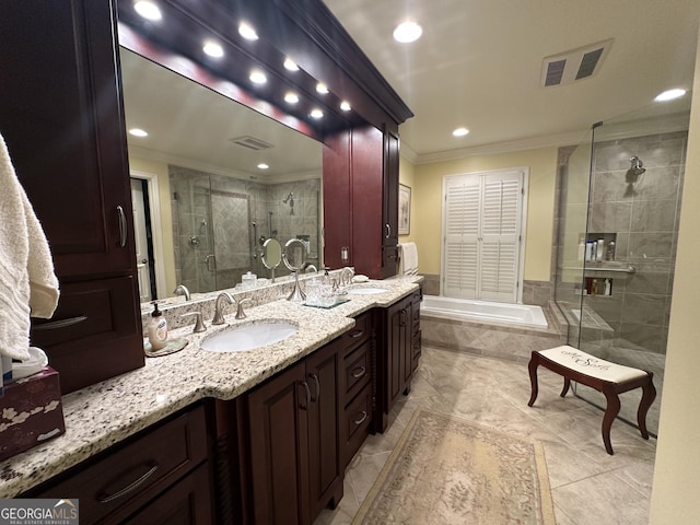 bathroom with vanity, plus walk in shower, and ornamental molding