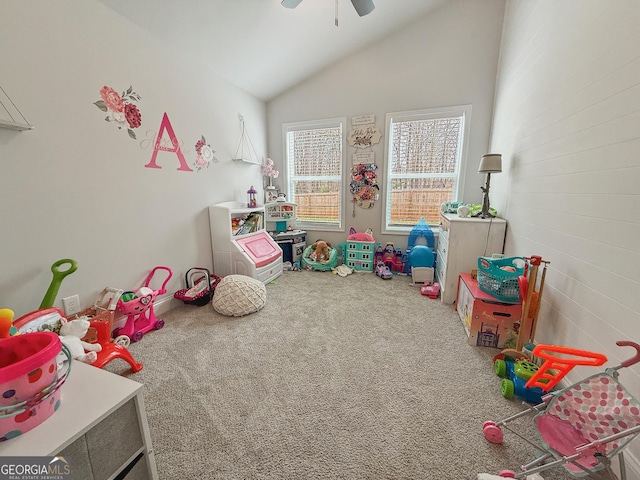 game room with carpet, lofted ceiling, and ceiling fan