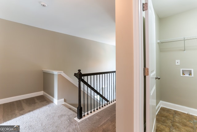 laundry room featuring carpet flooring and washer hookup