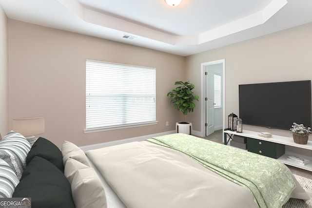 bedroom featuring a tray ceiling