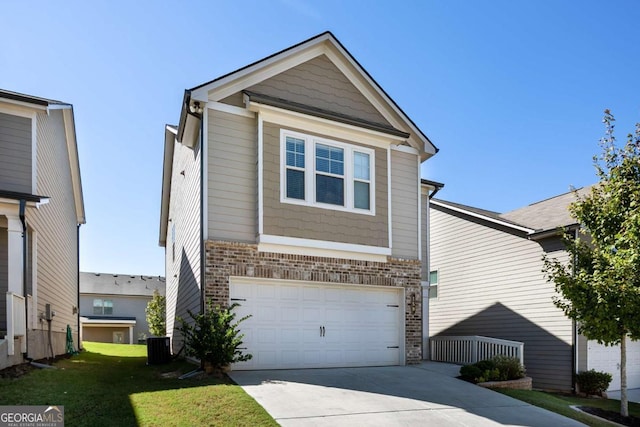 view of front of house featuring central AC unit, a front lawn, and a garage