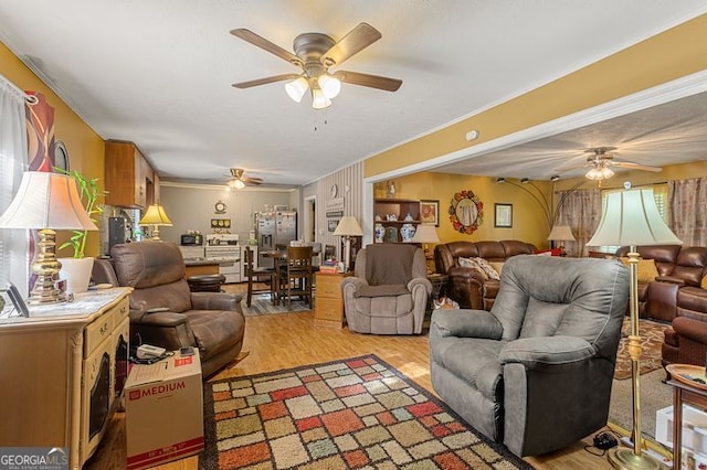 living room with ceiling fan and light wood-type flooring