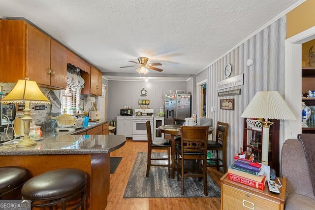 dining area with ceiling fan, ornamental molding, light hardwood / wood-style floors, and a textured ceiling