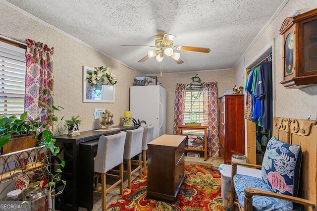 office with crown molding, ceiling fan, and a textured ceiling