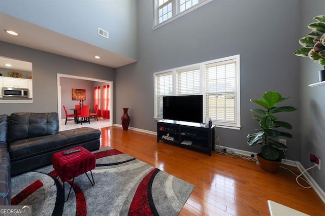 living room with a towering ceiling and hardwood / wood-style flooring