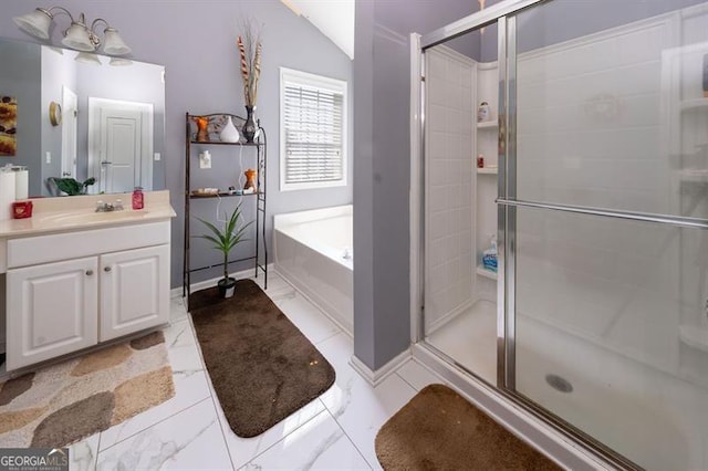 bathroom with lofted ceiling, vanity, and plus walk in shower