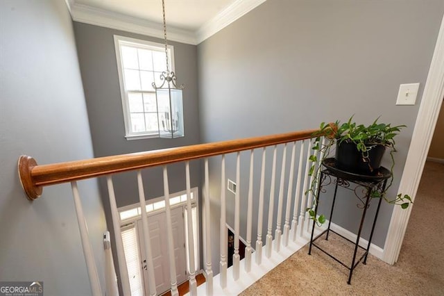 stairs featuring crown molding, an inviting chandelier, and carpet