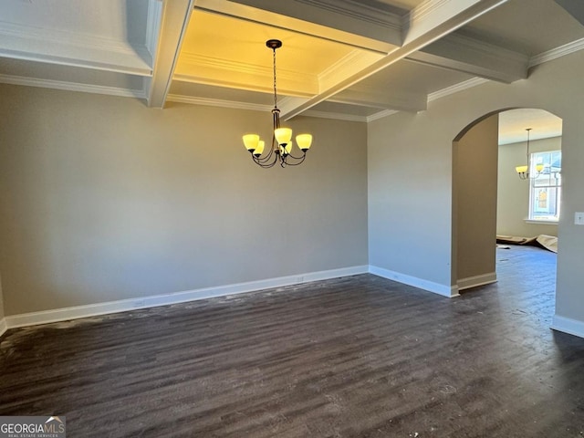 empty room with dark hardwood / wood-style flooring, an inviting chandelier, crown molding, and beamed ceiling