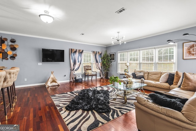 living room with a chandelier, plenty of natural light, crown molding, and dark wood-type flooring