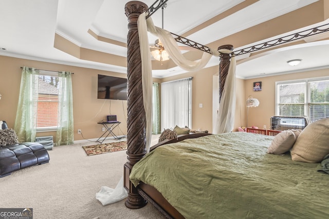 bedroom with a raised ceiling, carpet floors, multiple windows, and ornamental molding