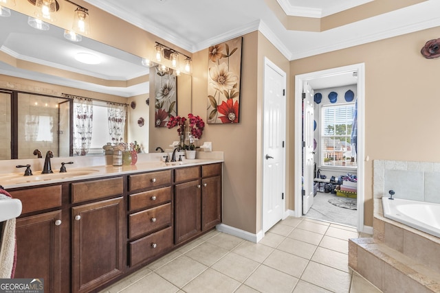 bathroom featuring vanity, tile patterned floors, and crown molding