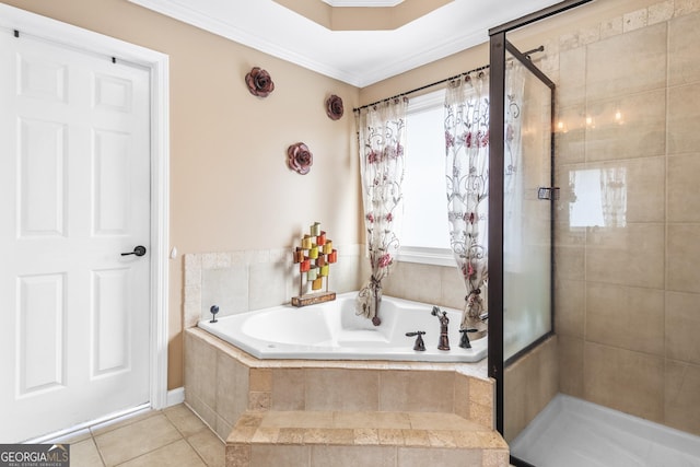 bathroom featuring tile patterned floors, crown molding, and plus walk in shower