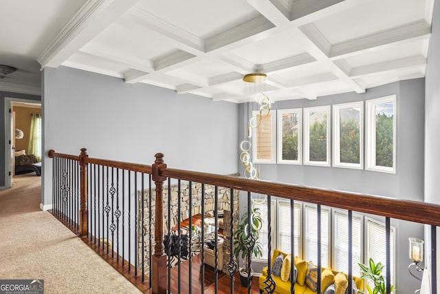 hall with coffered ceiling, carpet floors, beam ceiling, and a wealth of natural light