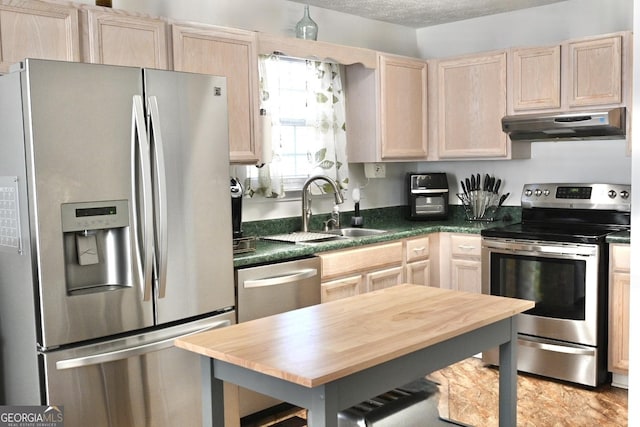 kitchen featuring sink, wooden counters, stainless steel appliances, a textured ceiling, and light brown cabinetry