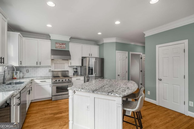 kitchen featuring sink, a center island, white cabinetry, tasteful backsplash, and premium appliances