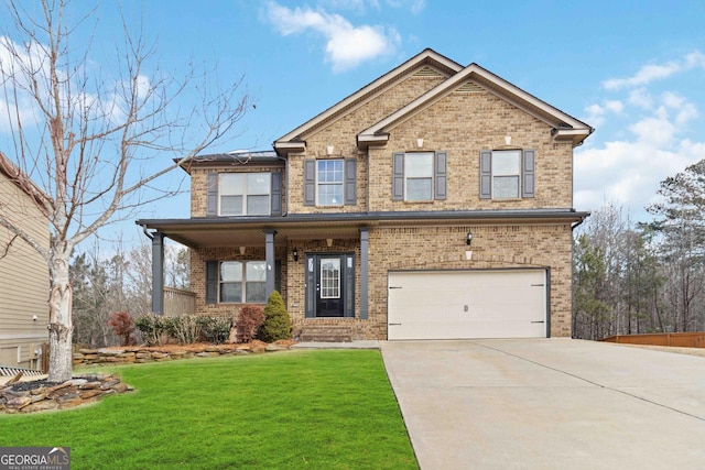 craftsman inspired home featuring a front lawn and a garage