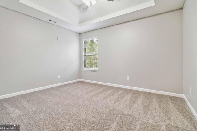 spare room featuring carpet, ceiling fan, and a tray ceiling