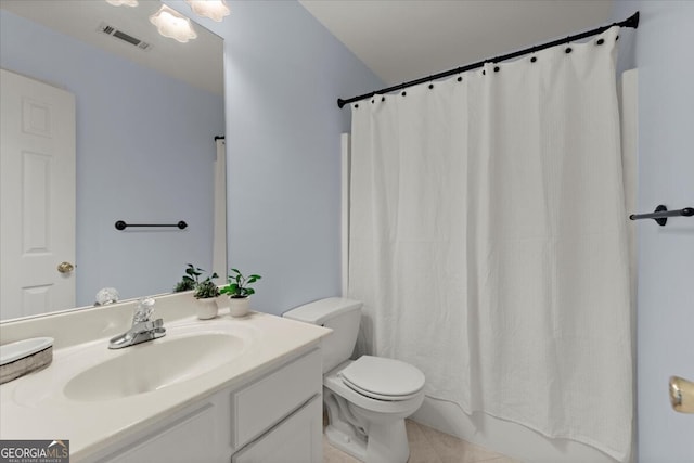 full bathroom with toilet, shower / bathtub combination with curtain, tile patterned floors, and vanity