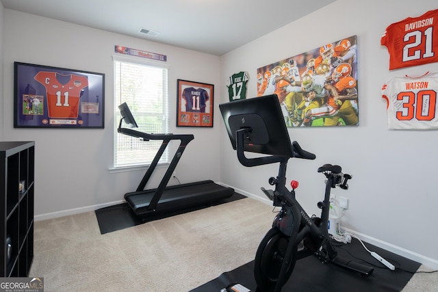 workout area featuring carpet flooring