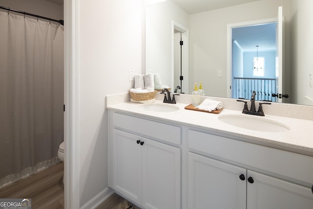 bathroom with vanity, toilet, and hardwood / wood-style floors